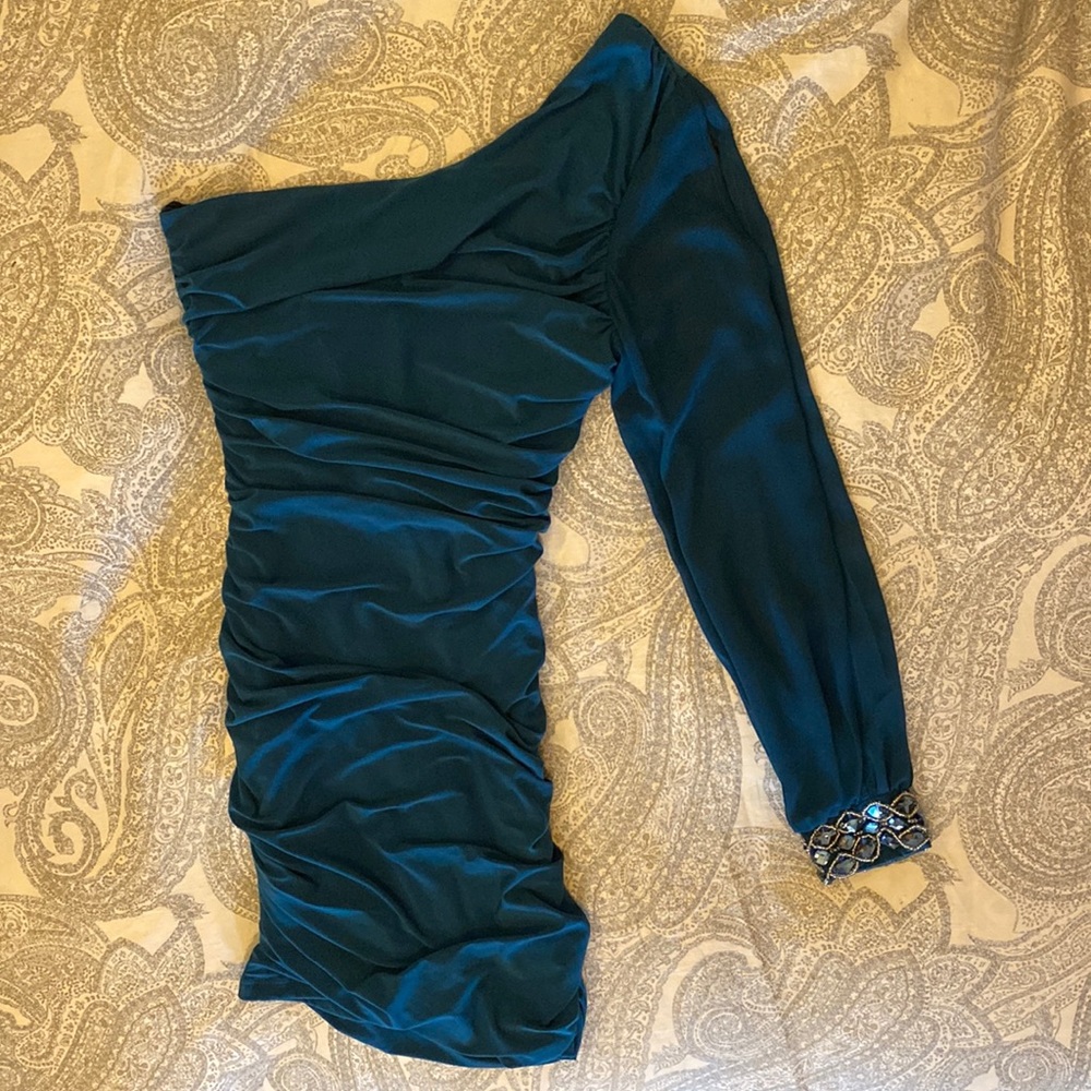 City Studio Teal One Shoulder Ruched Dress - Size M